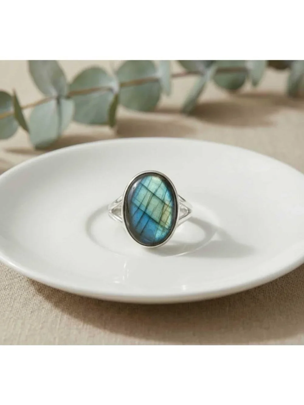Handmade 925 Sterling Silver Boho Ring with Oval Labradorite, Rose Quartz